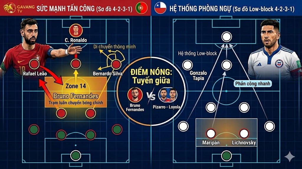 Infographic so sánh sơ đồ chiến thuật 4-2-3-1 của Bồ Đào Nha và Chile, làm nổi bật điểm nóng Pizarro-Loyola đối đầu Bruno Fernandes trong Zone 14.