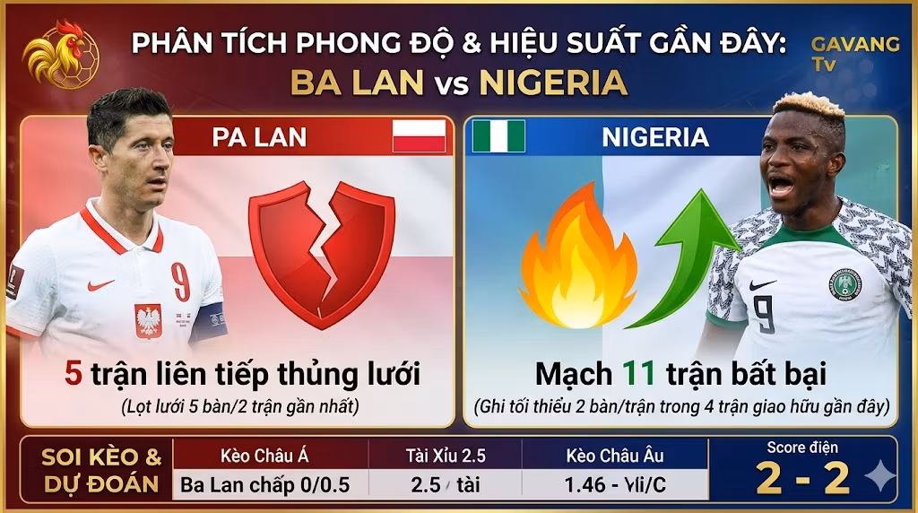 Bảng thống kê phong độ đối lập và dự đoán tỷ số cược trận đấu giao hữu quốc tế giữa Ba Lan vs Nigeria