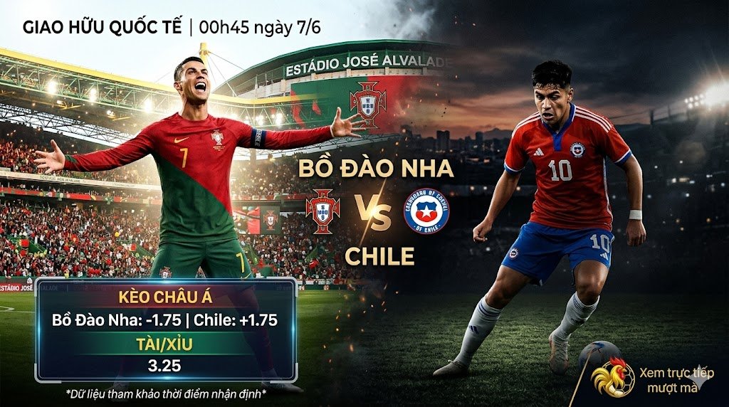Poster trận đấu giao hữu Bồ Đào Nha vs Chile vào 00h45 ngày 7/6, nổi bật Cristiano Ronaldo và Darío Osorio, tích hợp thông tin tỷ lệ kèo Châu Á -1.75 và Tài/Xỉu 3.25 của Gavang TV.