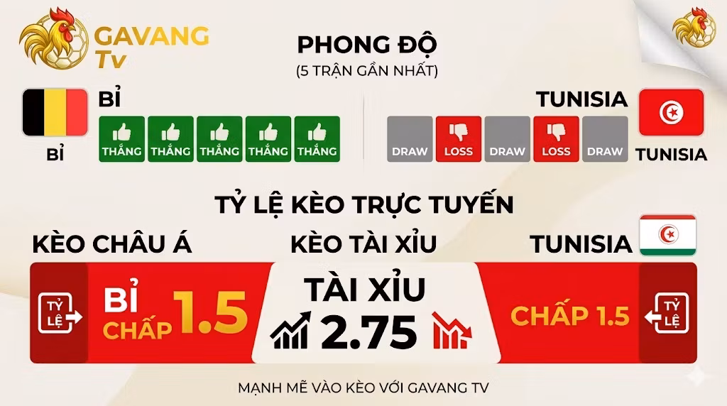 Infographic thống kê phong độ 5 trận gần nhất và phân tích tỷ lệ soi kèo nhà cái châu Á, kèo Tài Xỉu trận Bỉ vs Tunisia chi tiết.